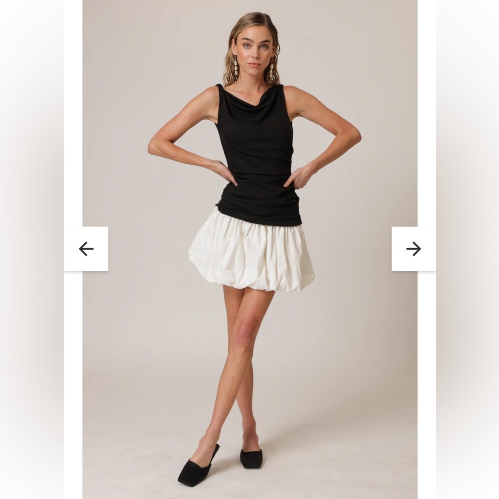 line & dot wesley mix media black & white one shoulder bubble hem mini dress NEW